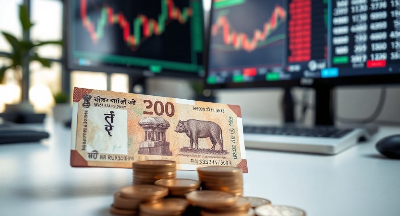 Indian rupee banknotes and coins on a desk with a currency chart in the background