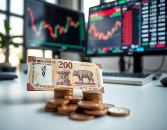 Indian rupee banknotes and coins on a desk with a currency chart in the background