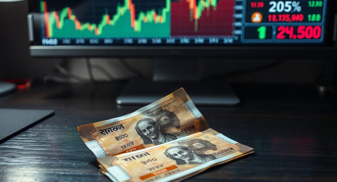 Indian Rupee banknotes on a desk with a forex chart and crude oil ticker in the background.