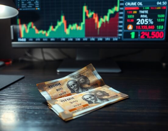 Indian Rupee banknotes on a desk with a forex chart and crude oil ticker in the background.