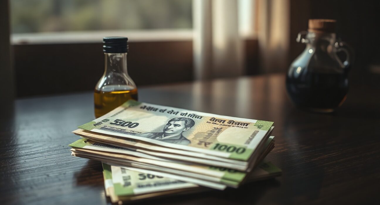 Indian rupee banknotes stacked with a crude oil bottle, representing currency and oil price relationship