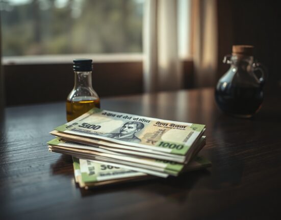 Indian rupee banknotes stacked with a crude oil bottle, representing currency and oil price relationship