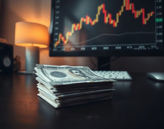 Stack of Indian Rupee notes and coins with blurred oil price chart in background