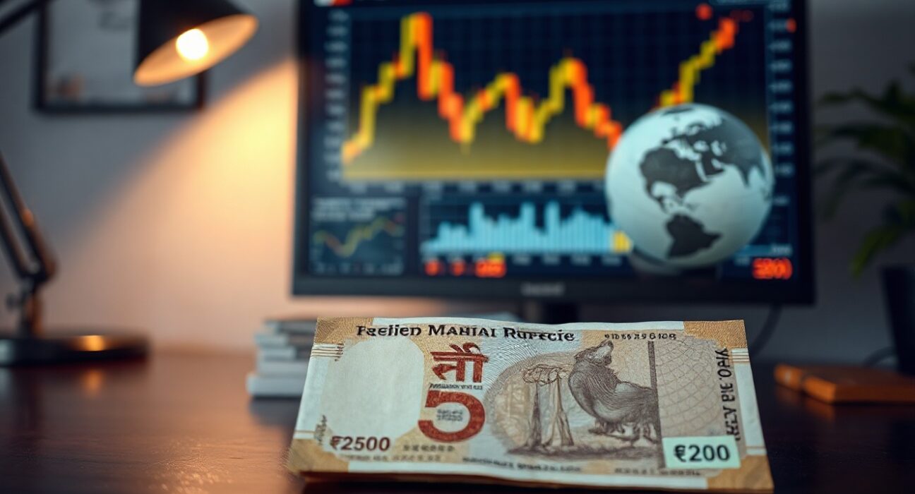 Indian Rupee banknotes with a blurred background showing a crude oil price chart and globe, representing currency rebound amid falling oil prices.