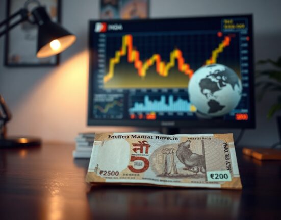 Indian Rupee banknotes with a blurred background showing a crude oil price chart and globe, representing currency rebound amid falling oil prices.