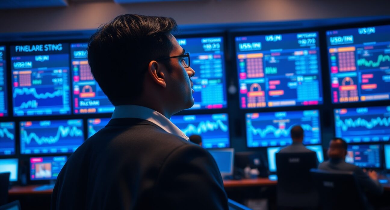Financial trader monitoring USD/INR exchange rate charts in a Mumbai trading room