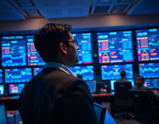 Financial trader monitoring USD/INR exchange rate charts in a Mumbai trading room