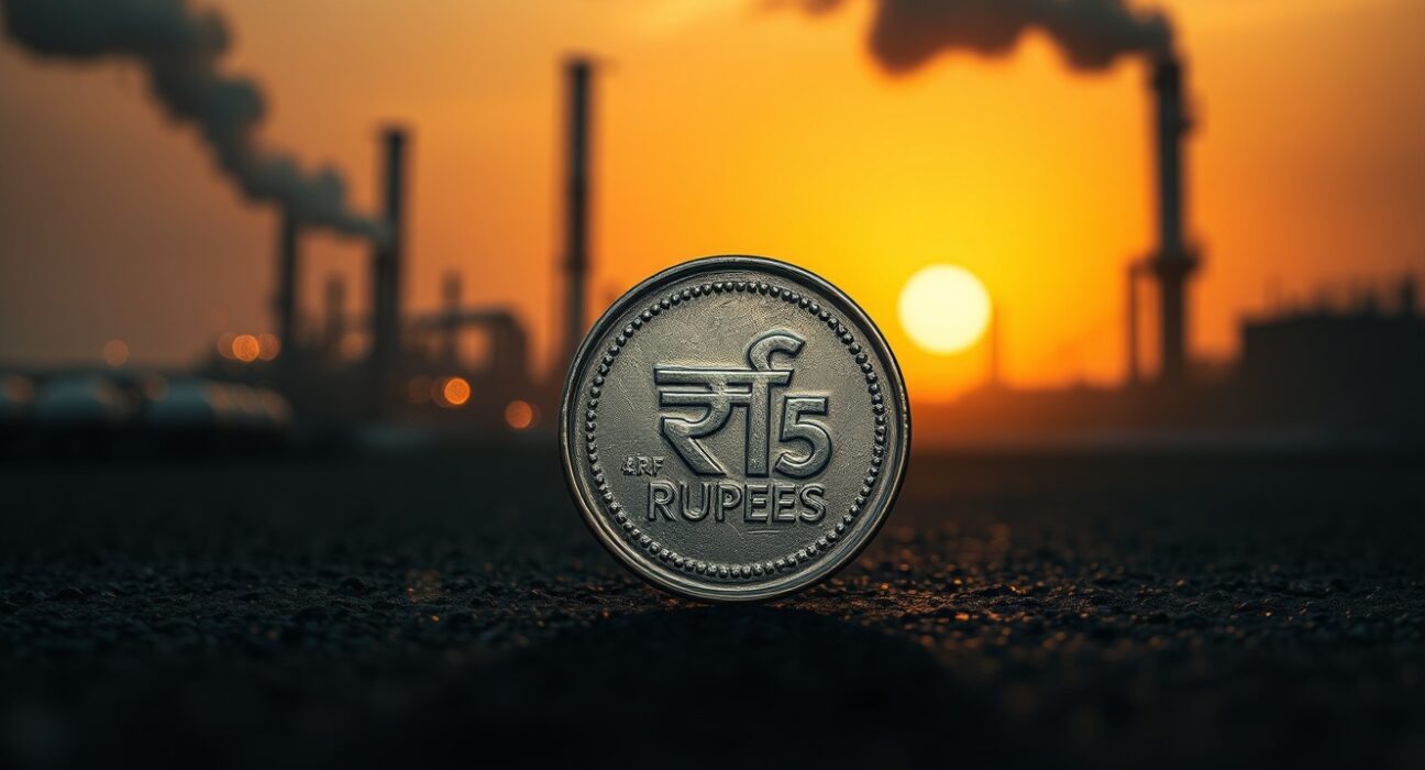 Indian rupee coin symbolizing record low value due to crude oil price surge and economic pressure