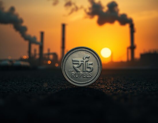 Indian rupee coin symbolizing record low value due to crude oil price surge and economic pressure