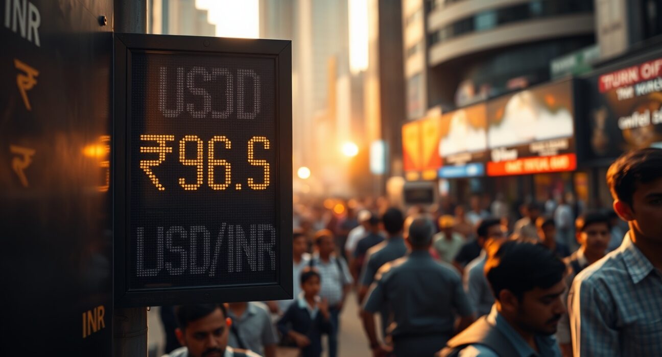 Currency exchange board in Mumbai showing USD/INR rate near record low amid oil price surge