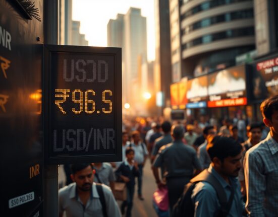 Currency exchange board in Mumbai showing USD/INR rate near record low amid oil price surge