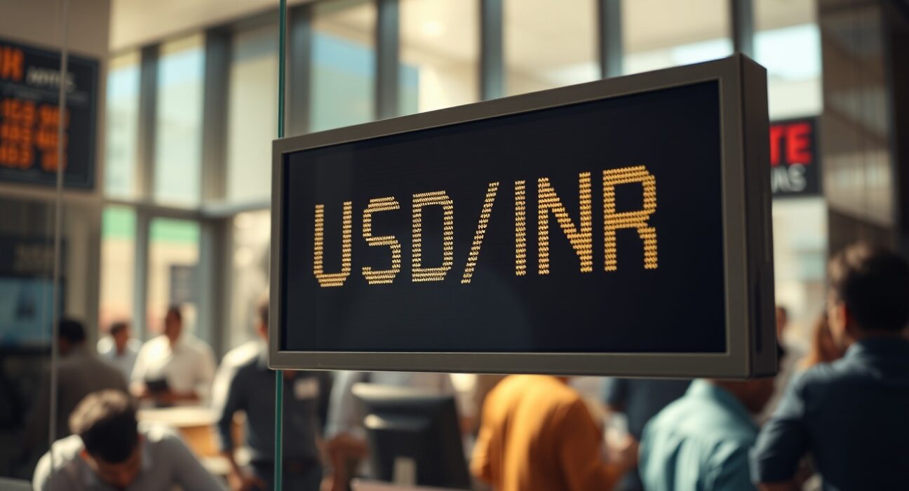 USD/INR exchange rate board showing rupee at all-time low in Mumbai forex office