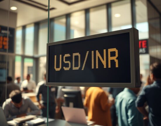 USD/INR exchange rate board showing rupee at all-time low in Mumbai forex office