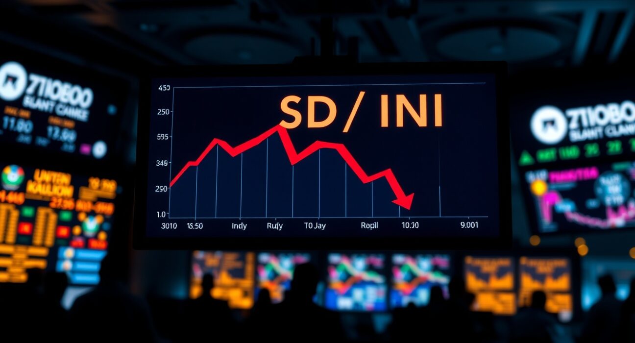 Digital forex screen showing USD/INR exchange rate at record high with red downward indicators on rupee chart