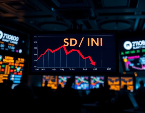 Digital forex screen showing USD/INR exchange rate at record high with red downward indicators on rupee chart
