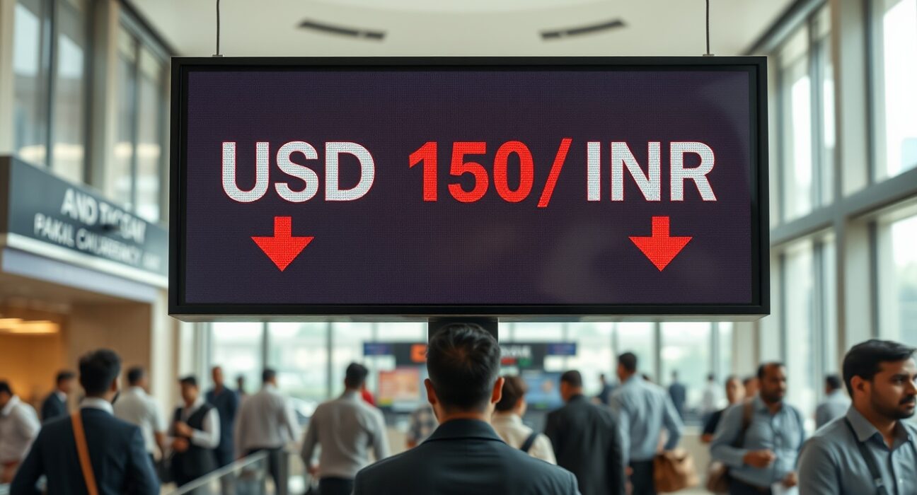 Digital exchange board showing USD/INR rate near record low in a Mumbai bank lobby