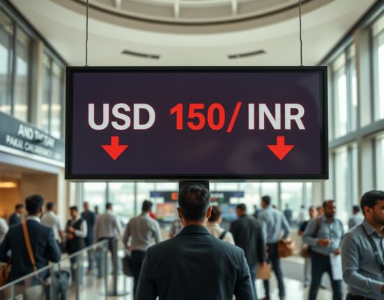 Digital exchange board showing USD/INR rate near record low in a Mumbai bank lobby