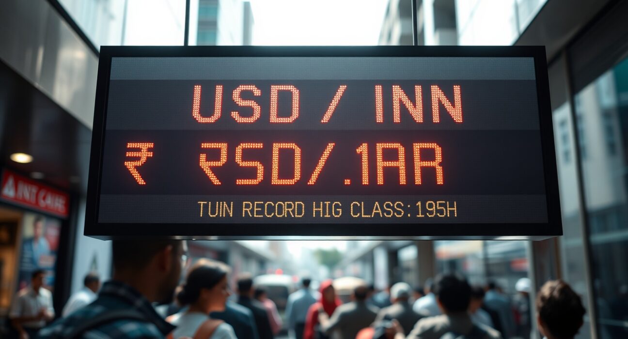 Digital exchange board showing USD/INR rate at record high in a Mumbai bank