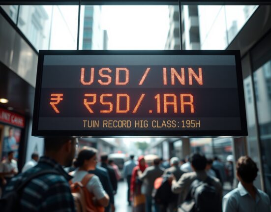 Digital exchange board showing USD/INR rate at record high in a Mumbai bank