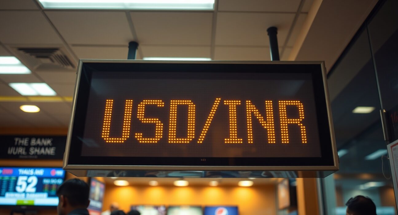 Digital currency exchange board showing USD/INR at a record high in a bank
