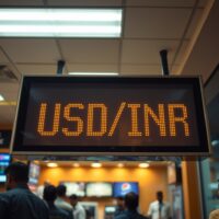 Digital currency exchange board showing USD/INR at a record high in a bank