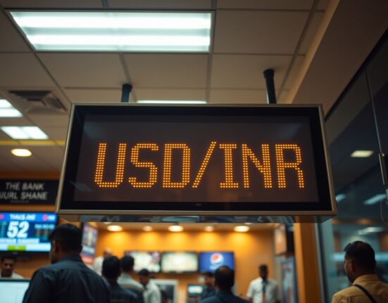 Digital currency exchange board showing USD/INR at a record high in a bank