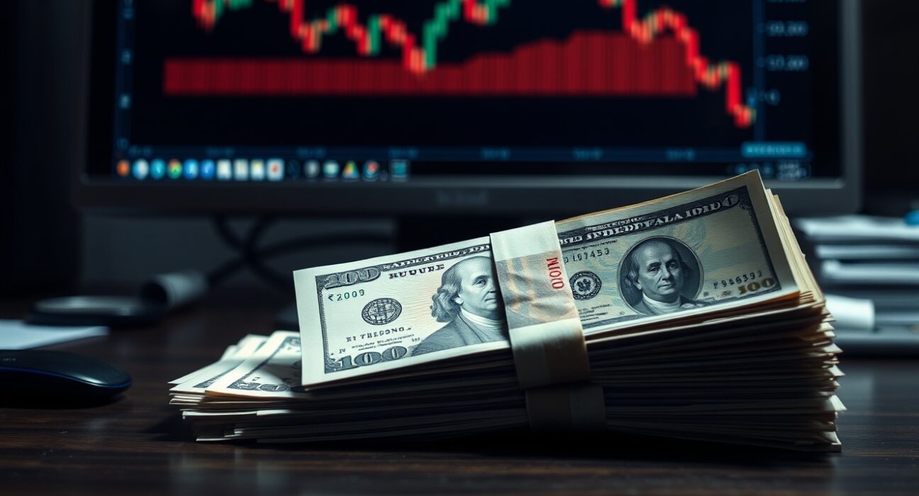 Indian rupee and US dollar banknotes stacked on a desk with a forex chart in the background.