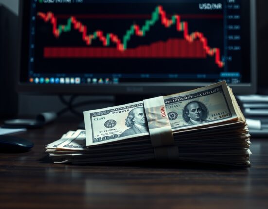 Indian rupee and US dollar banknotes stacked on a desk with a forex chart in the background.