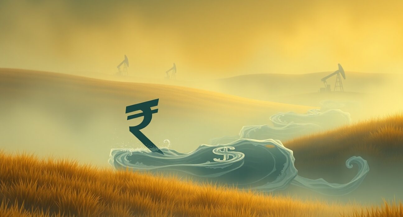 Indian Rupee hits record low against US Dollar due to oil prices and risk aversion.