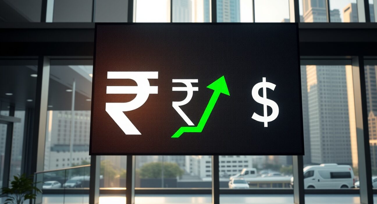 Digital exchange rate board showing Indian Rupee recovery against US dollar in Mumbai financial district