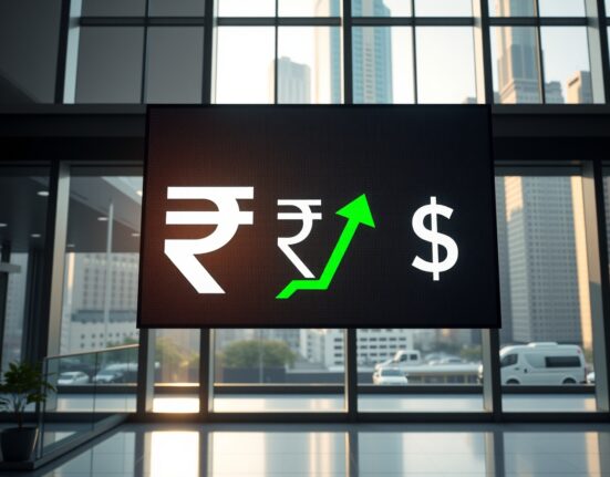 Digital exchange rate board showing Indian Rupee recovery against US dollar in Mumbai financial district