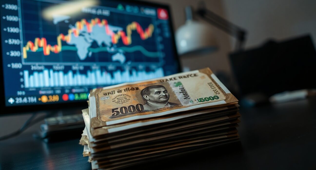 Stack of Indian Rupee banknotes with a blurred background of a financial chart showing falling oil prices.