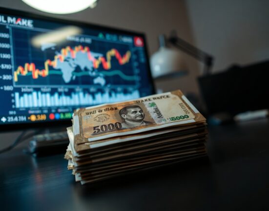 Stack of Indian Rupee banknotes with a blurred background of a financial chart showing falling oil prices.