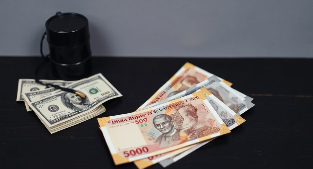 Indian rupee banknotes and US dollars with a small oil barrel and declining chart symbolizing currency recovery amid lower oil prices.