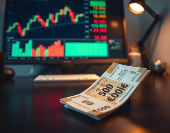 Indian rupee banknotes with a blurred background of financial charts and oil price data.