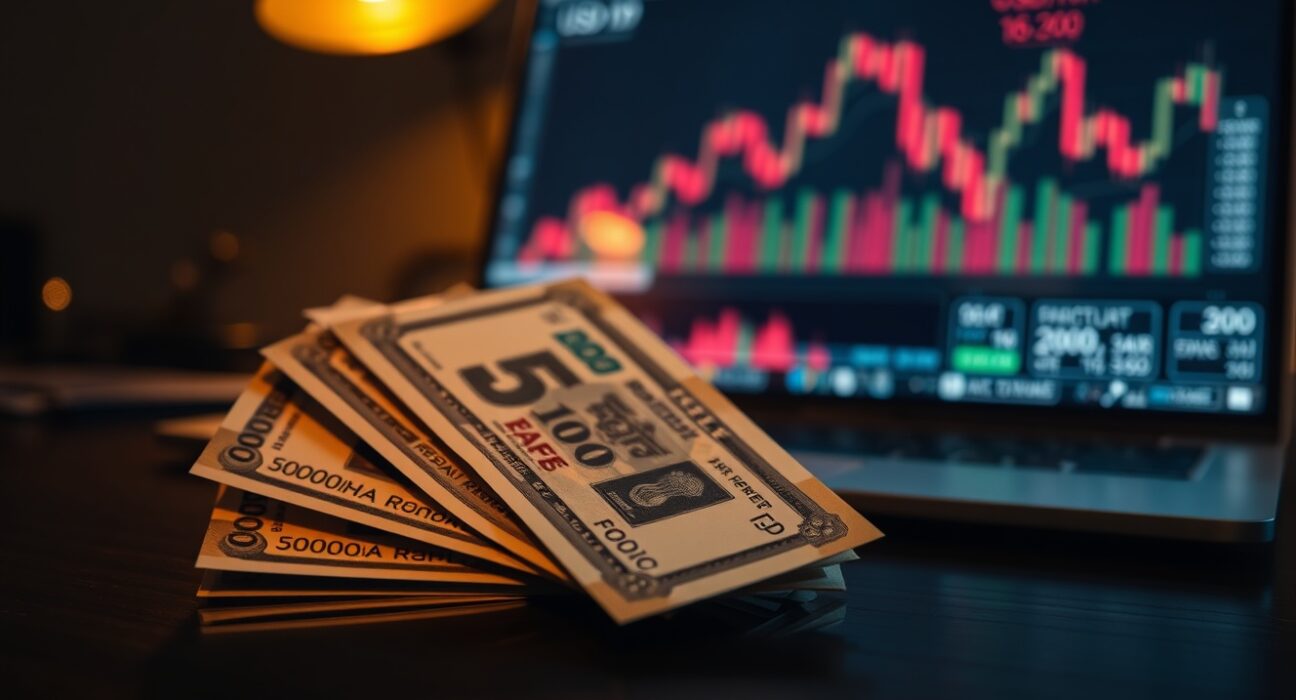 Indian rupee banknotes on a desk with a laptop showing a forex chart in the background