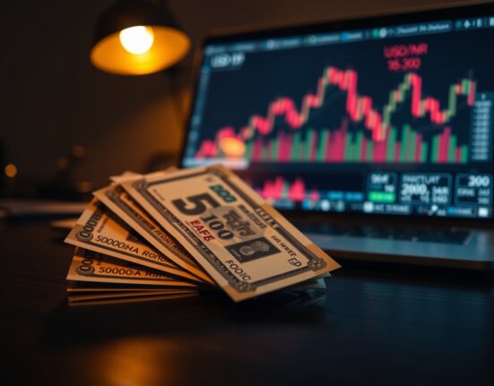 Indian rupee banknotes on a desk with a laptop showing a forex chart in the background