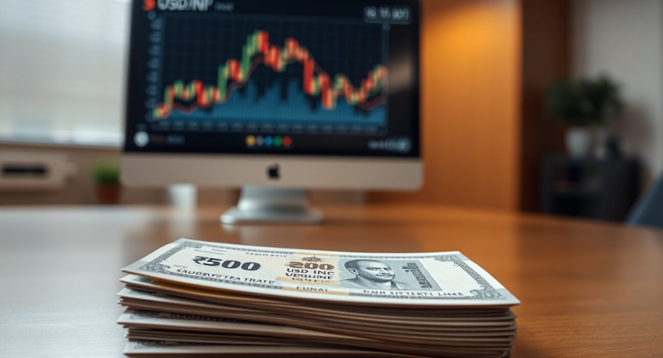Stack of Indian Rupee banknotes with a stock chart in the background showing a recovery trend.