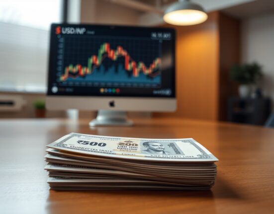 Stack of Indian Rupee banknotes with a stock chart in the background showing a recovery trend.