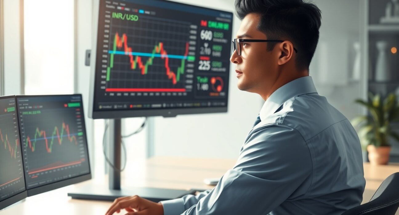 Indian Rupee recovery as trader monitors currency charts showing INR/USD exchange rate movement.