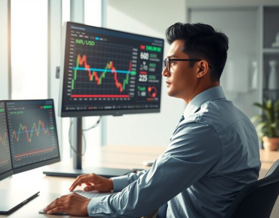 Indian Rupee recovery as trader monitors currency charts showing INR/USD exchange rate movement.