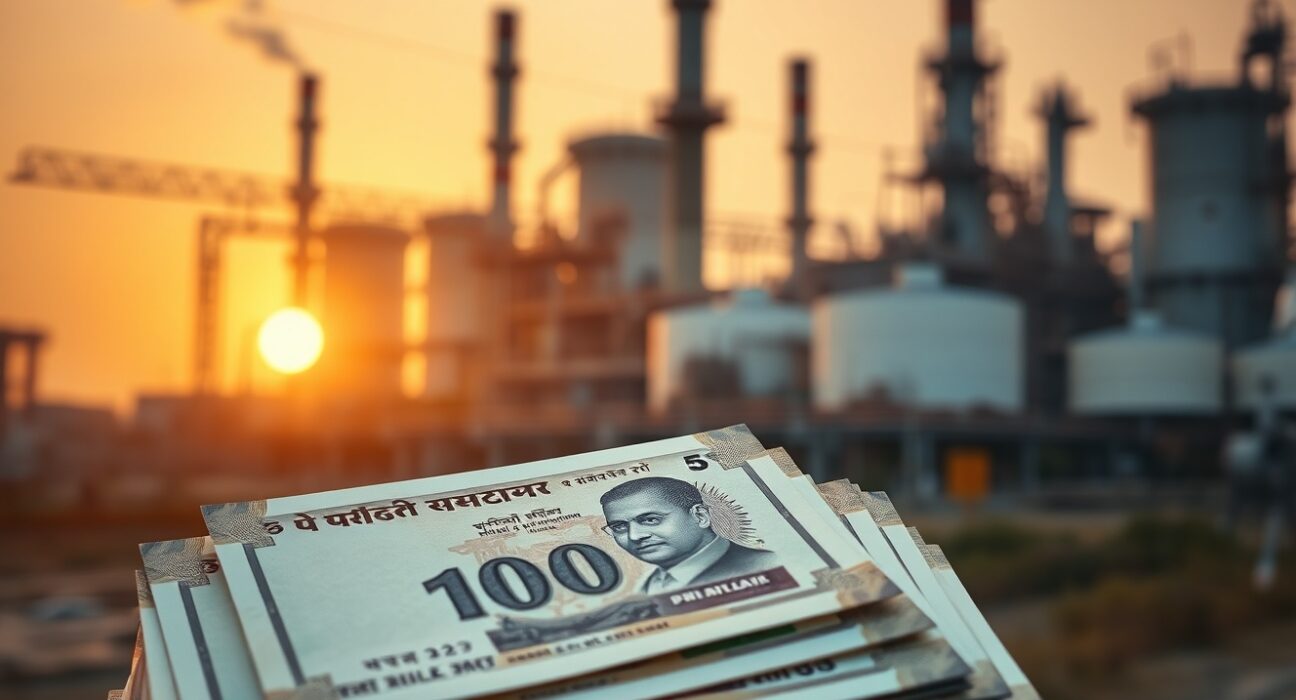 Indian Rupee banknotes in foreground with oil refinery in background at sunset