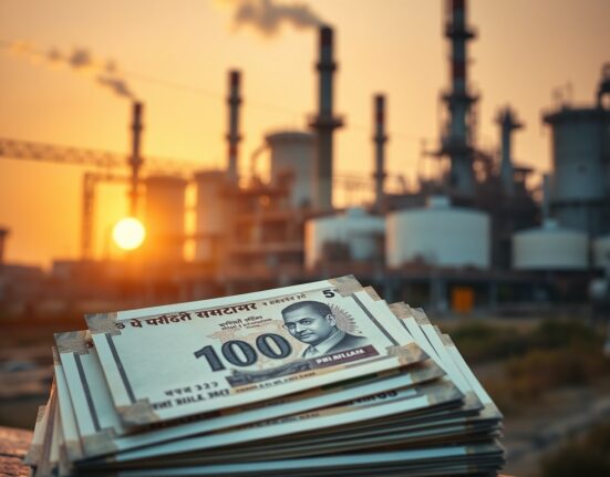 Indian Rupee banknotes in foreground with oil refinery in background at sunset