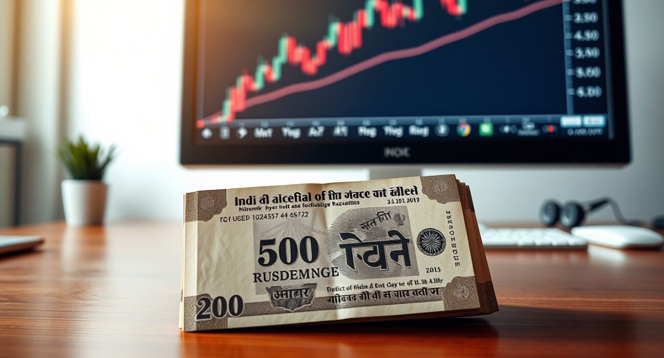 Stack of Indian rupee notes with a forex chart in the background, representing RBI intervention in currency markets.