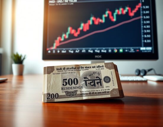 Stack of Indian rupee notes with a forex chart in the background, representing RBI intervention in currency markets.