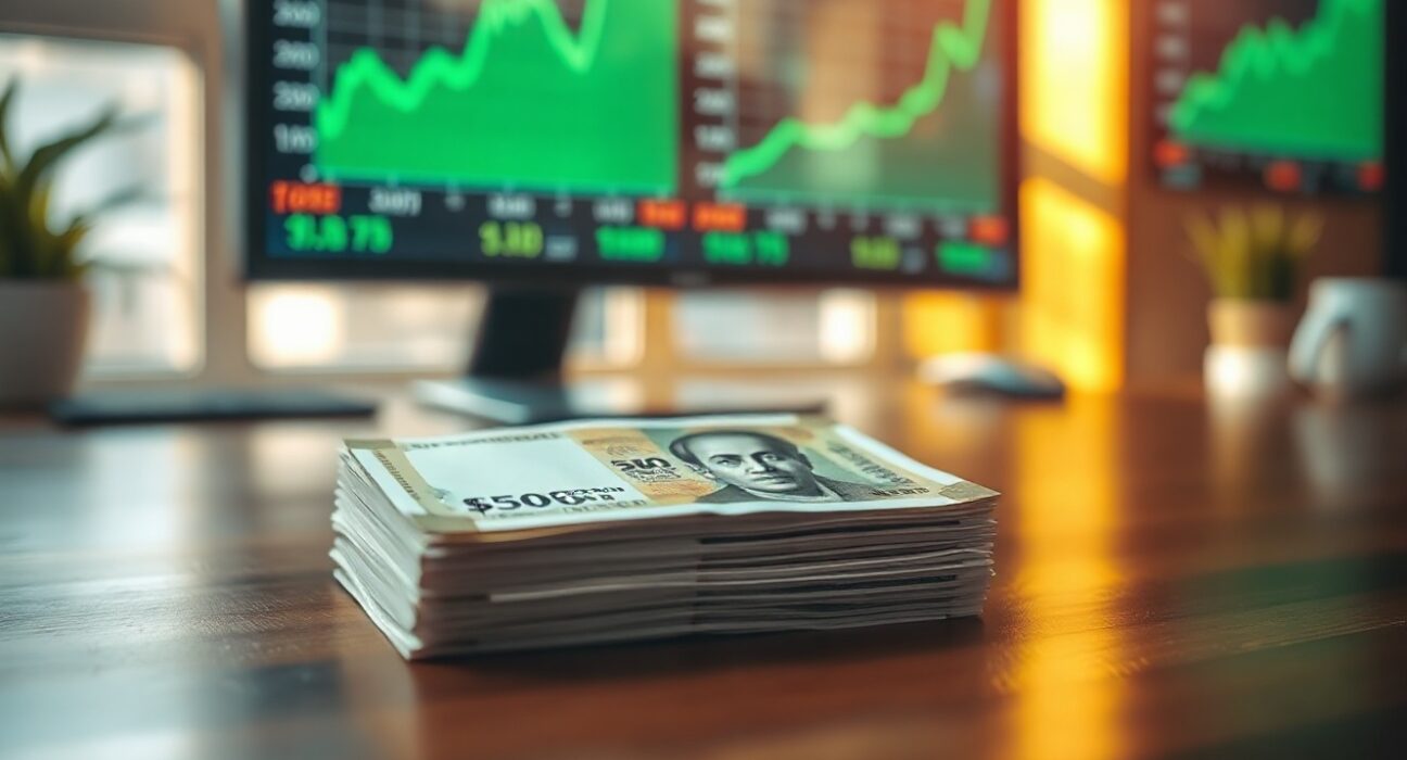 Stack of Indian Rupee banknotes with a financial chart in the background indicating positive market movement.