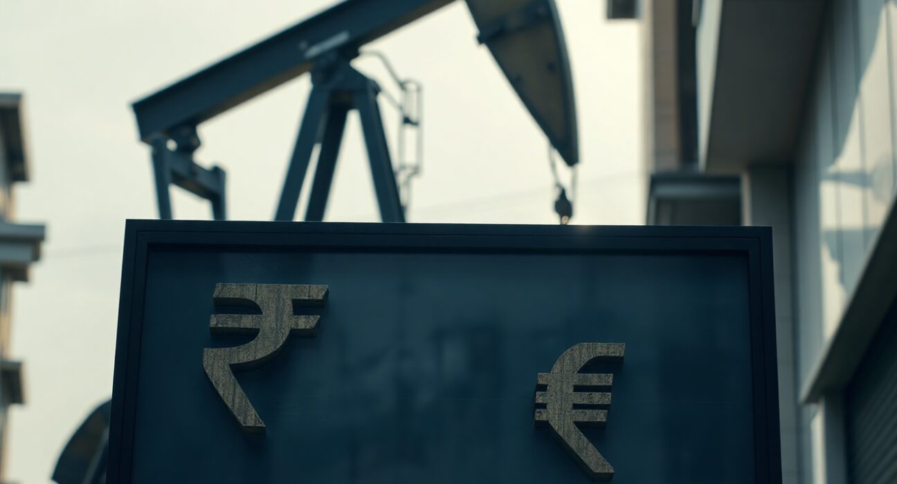 Currency exchange board showing Indian rupee rate decline against a rising crude oil pump silhouette