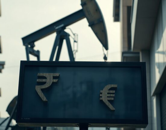 Currency exchange board showing Indian rupee rate decline against a rising crude oil pump silhouette