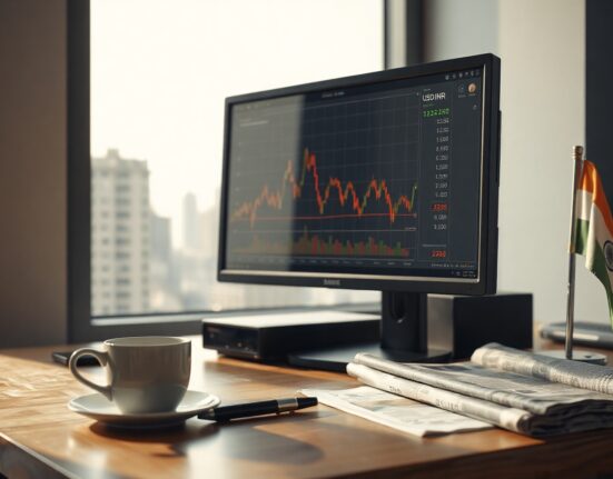 Financial analyst's desk in Mumbai with USD/INR chart on monitor showing rupee stability