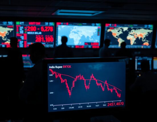Digital screen showing Indian Rupee depreciation chart on a dimly lit trading floor in Mumbai